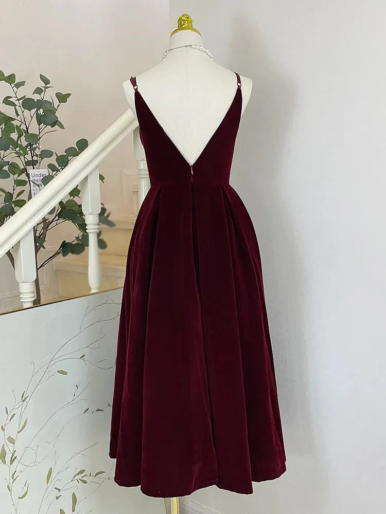 A Line V Neck Burgundy Velvet  Prom Dresses With Tea Length, Velvet Burgundy Open Back Formal Evening Dresses