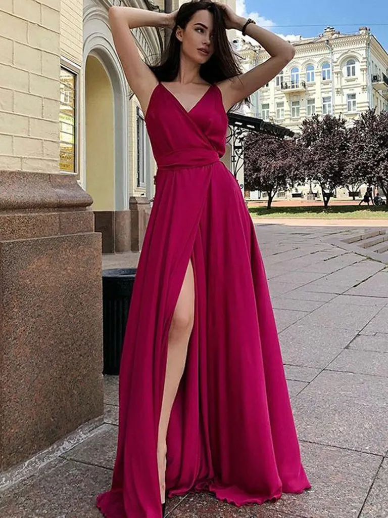 A Line V Neck Burgundy/Green Prom Dresses With Front Slit, V Neck Burgundy/Green Formal Graduation Evening Dresses