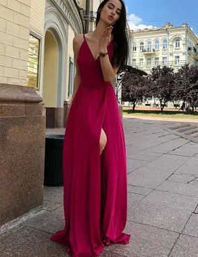 A Line V Neck Burgundy/Green Prom Dresses With Front Slit, V Neck Burgundy/Green Formal Graduation Evening Dresses