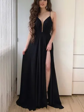 Black Spaghetti Straps Long Prom Dress With Slit, V Neck Black Long Formal Evening Dress