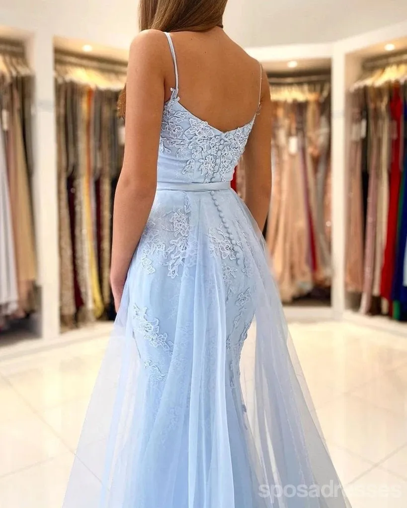 Blue Lace Mermaid Spaghetti Straps V-neck Long Prom Dresses Online,12665