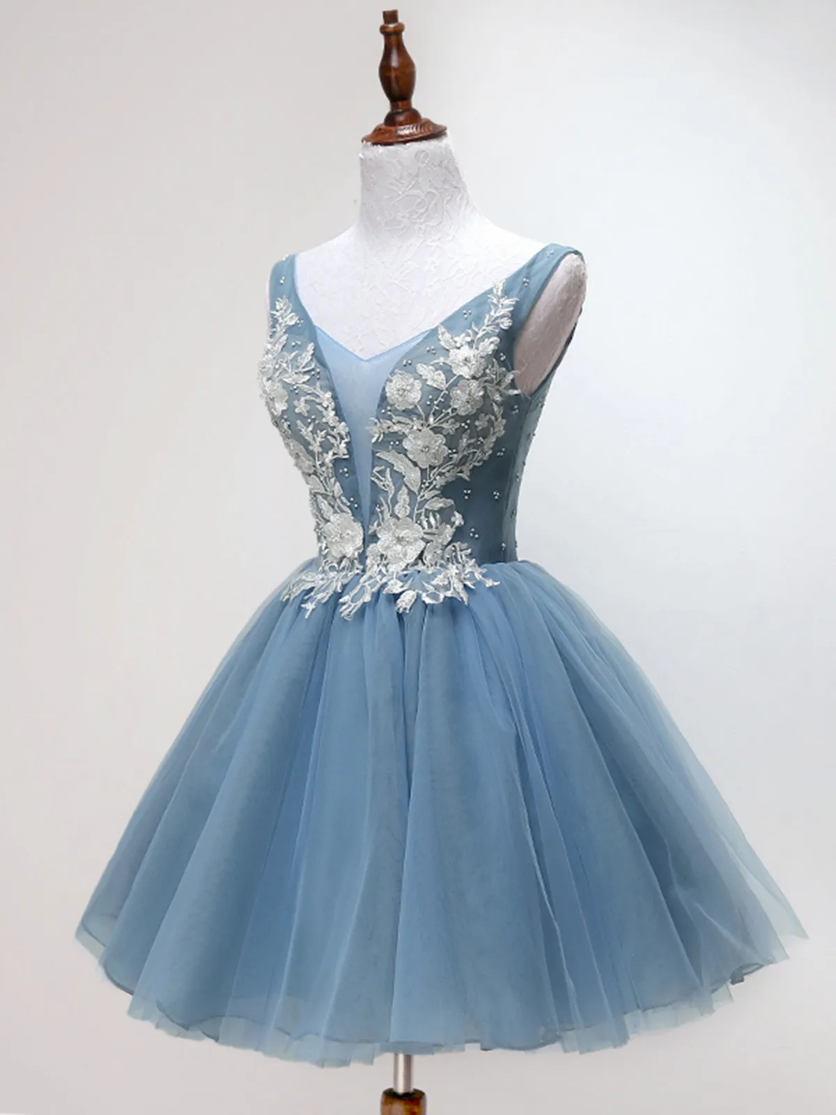 Blue Short Lace Tulle Homecoming Dresses, Lovely Short Prom Dress 2019