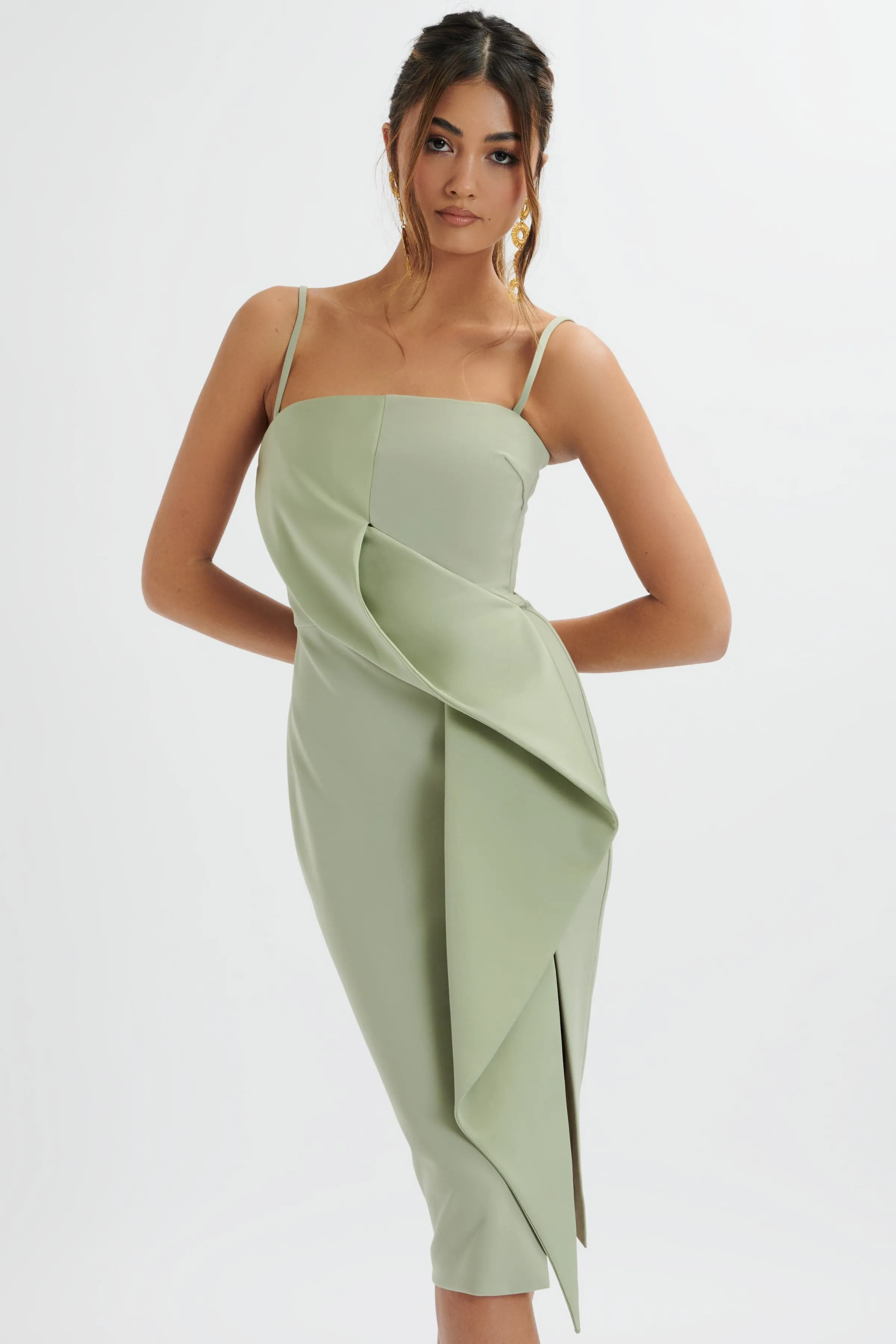 BONNIE Waterfall Frill Midi Dress In Sage Green