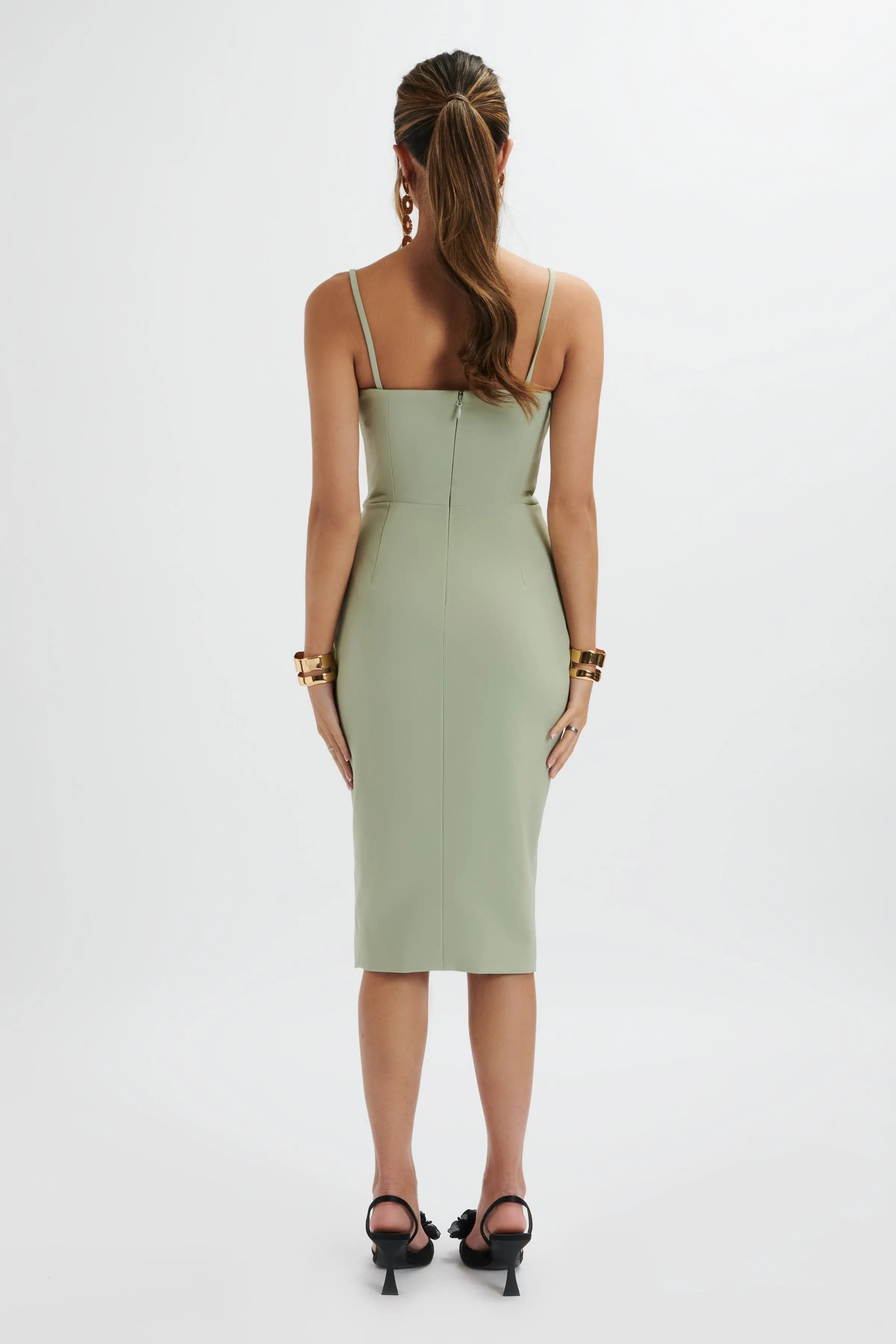 BONNIE Waterfall Frill Midi Dress In Sage Green