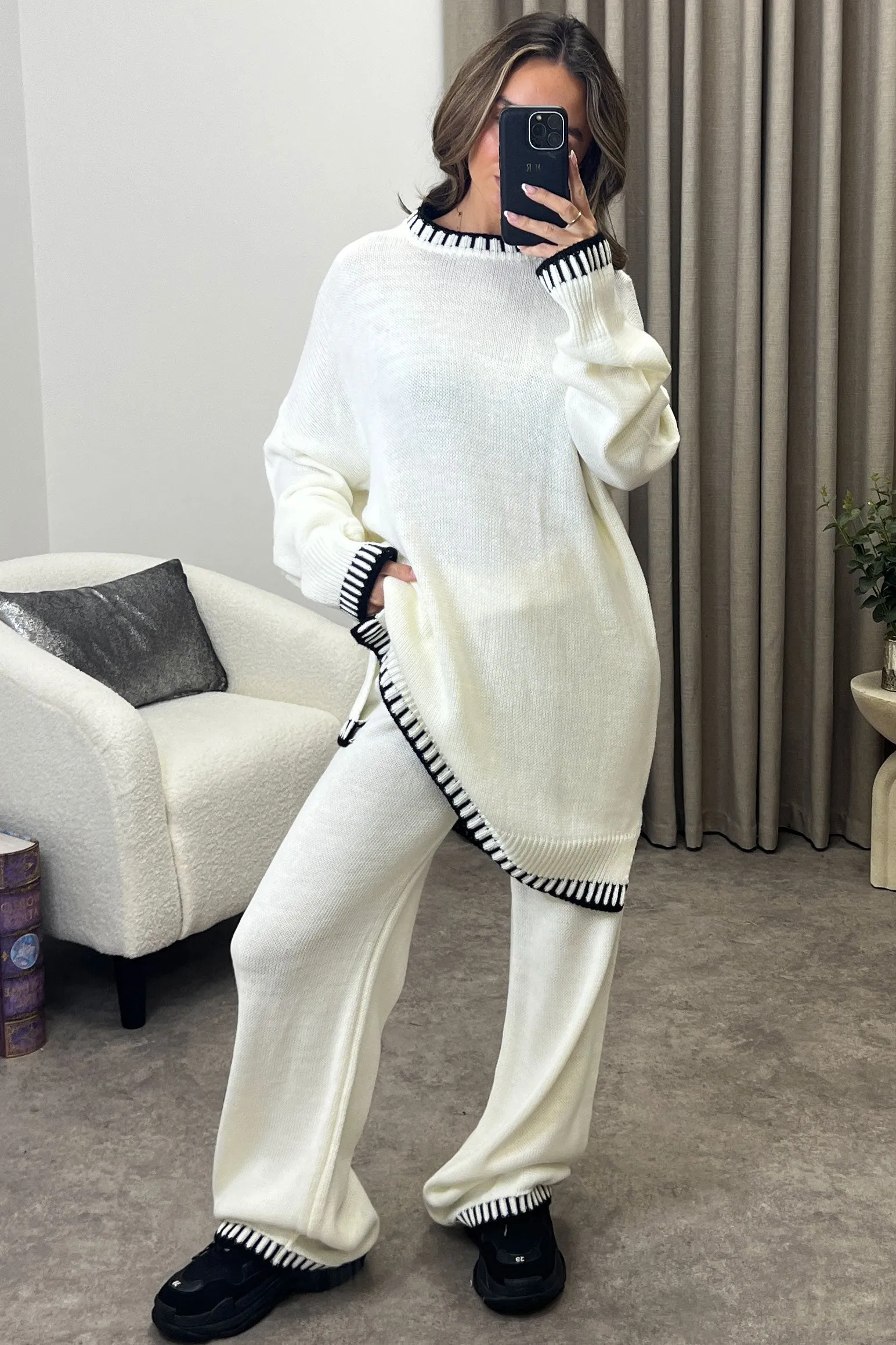 Camina Cream Contrasting Trim Knitted Jumper and Trousers Co-Ord Set