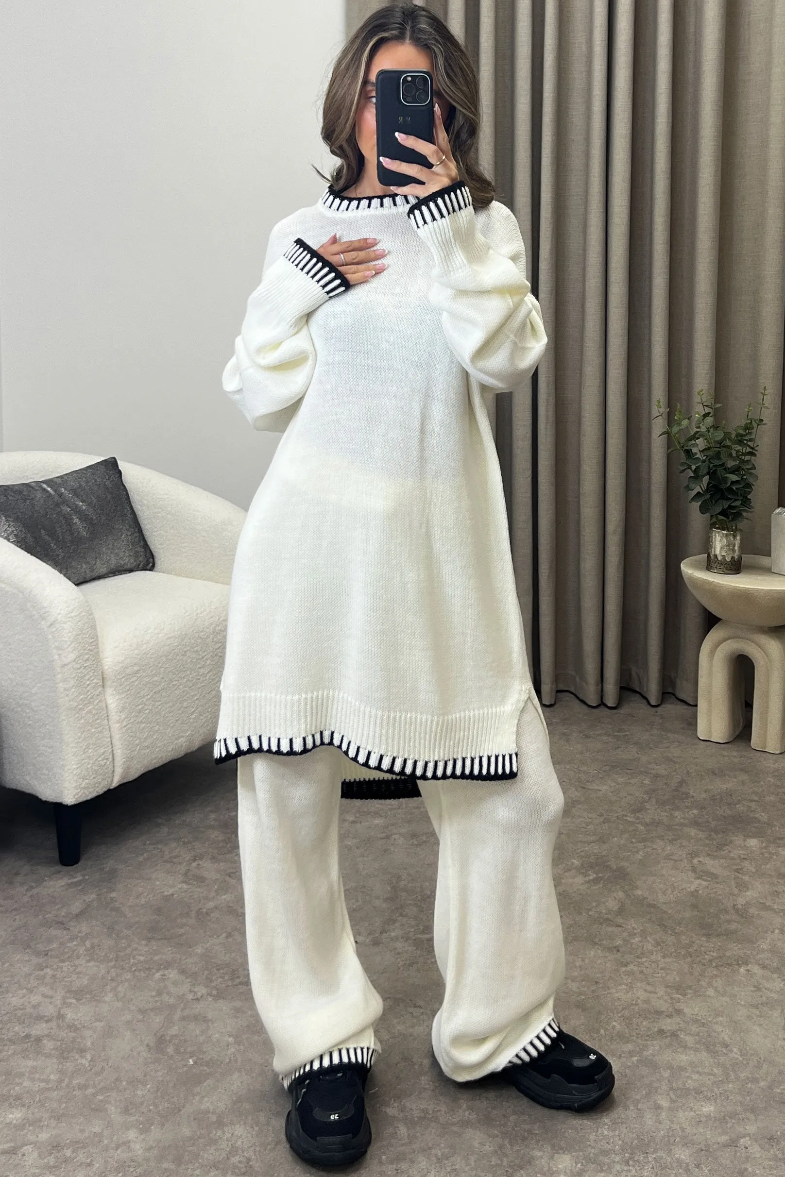 Camina Cream Contrasting Trim Knitted Jumper and Trousers Co-Ord Set