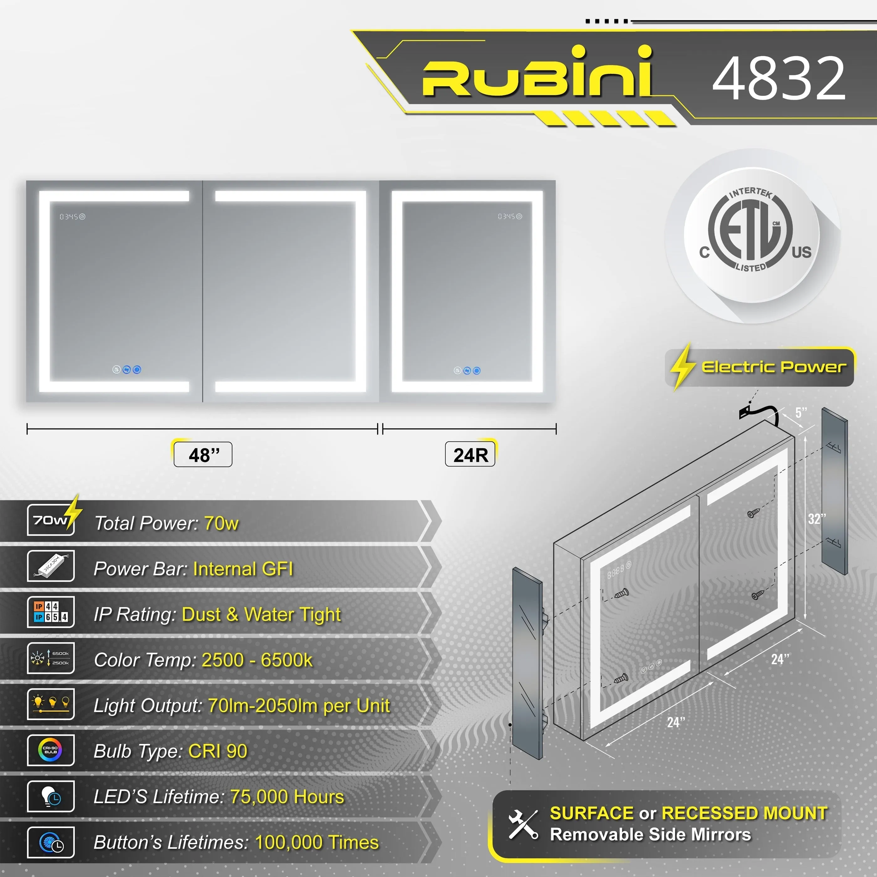 DECADOM LED Mirror Medicine Cabinet Recessed or Surface, Defogger, Dimmer, Clock, Room Temp Display, Makeup Mirror 3X, Outlets & USBs RUBiNi 48x32