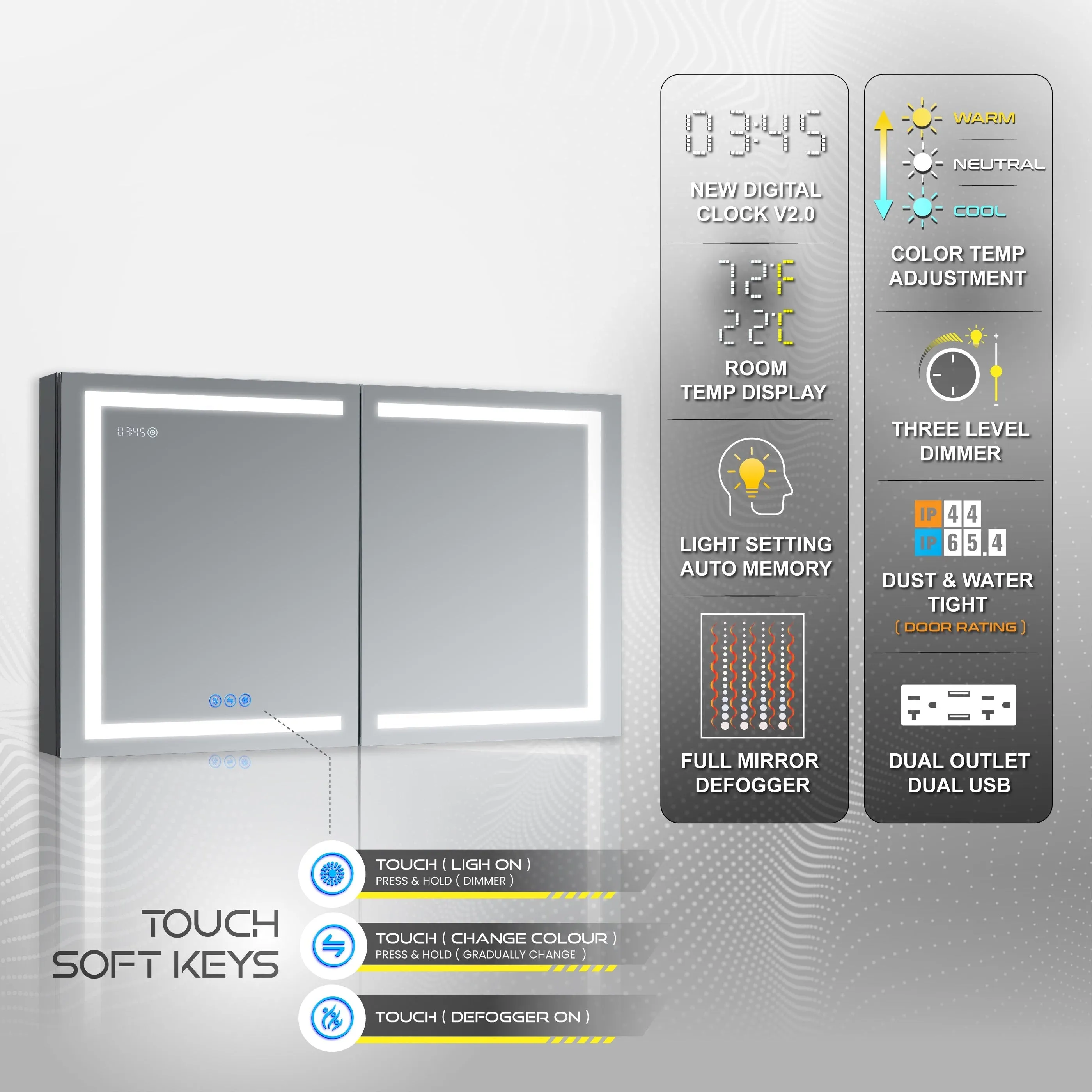 DECADOM LED Mirror Medicine Cabinet Recessed or Surface, Defogger, Dimmer, Clock, Room Temp Display, Makeup Mirror 3X, Outlets & USBs RUBiNi 48x32