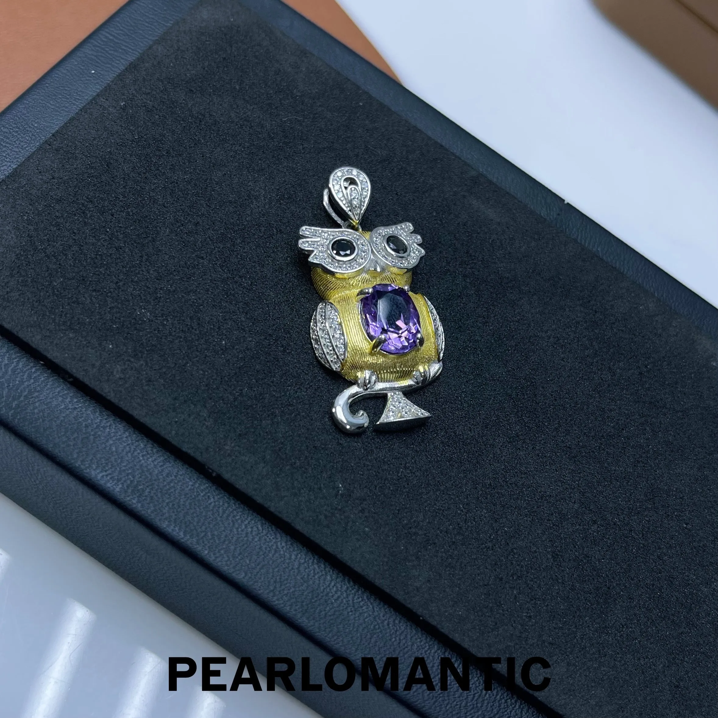 [Designer's Choice] Amethyst 4ct   Zircon Owl Bird Pendant w/ S925 Gold Plated