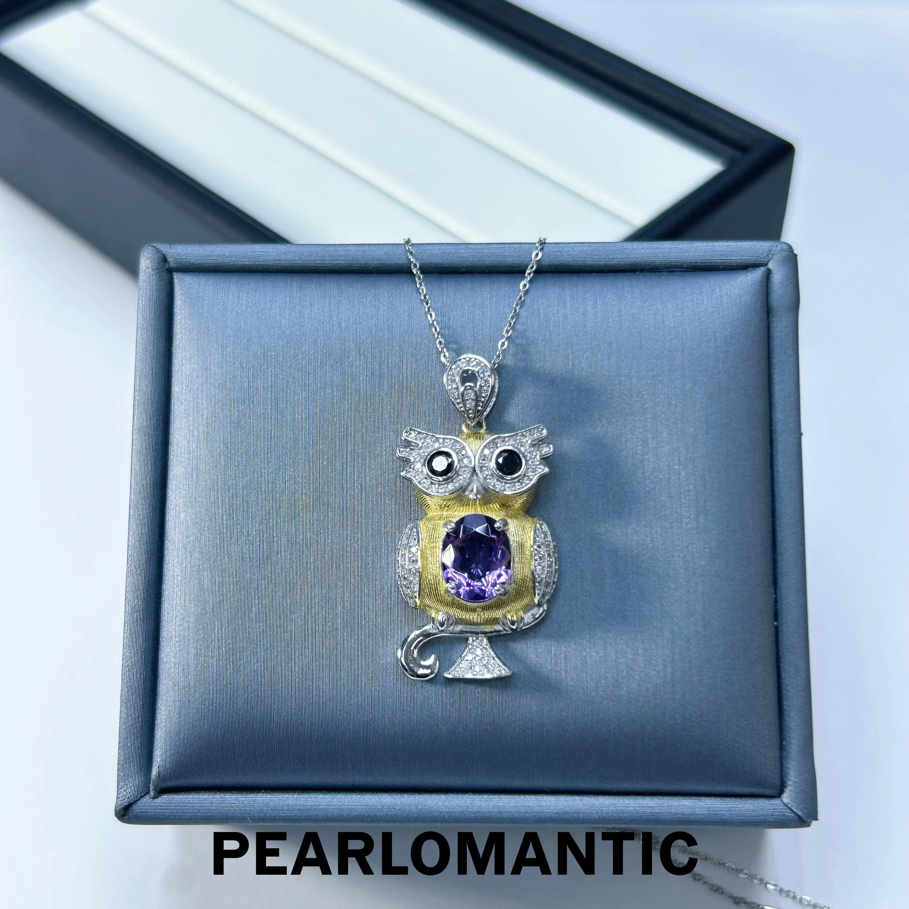 [Designer's Choice] Amethyst 4ct   Zircon Owl Bird Pendant w/ S925 Gold Plated