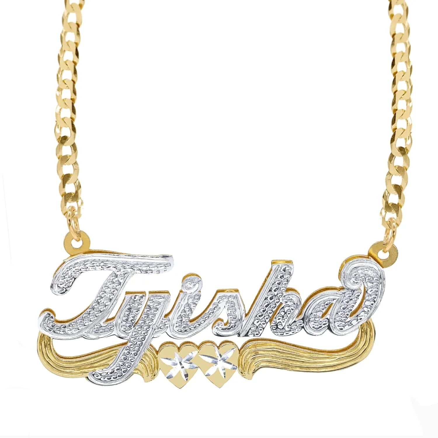 Double Script Name Plate With Beading Tyisha with Cuban chain