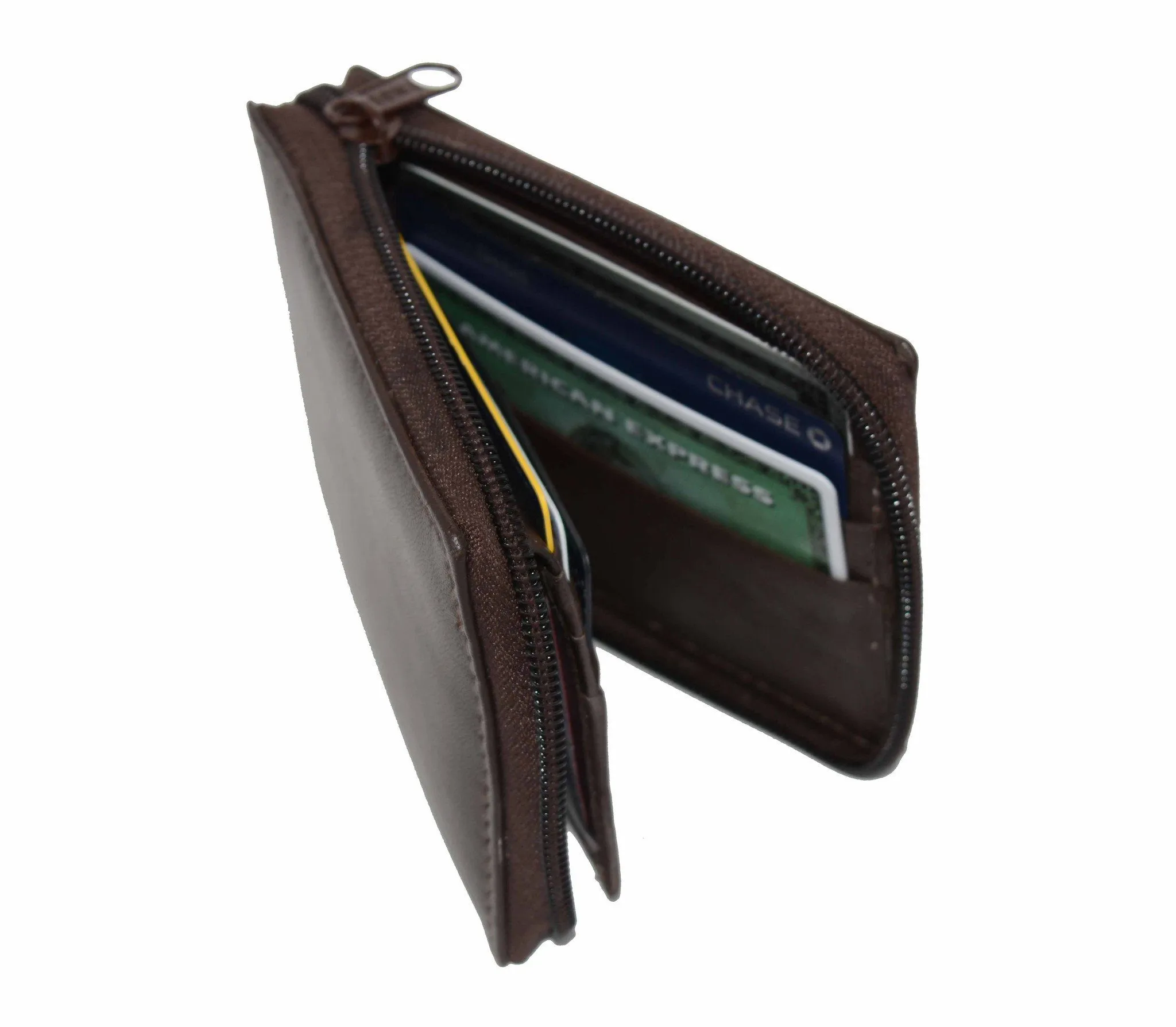 Genuine Leather Bifold Wallet Zippered - Brown