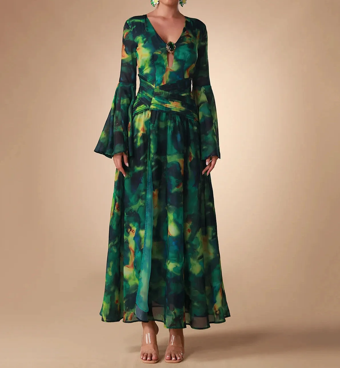 NANCY Bell Sleeve Printed Chiffon Maxi Dress