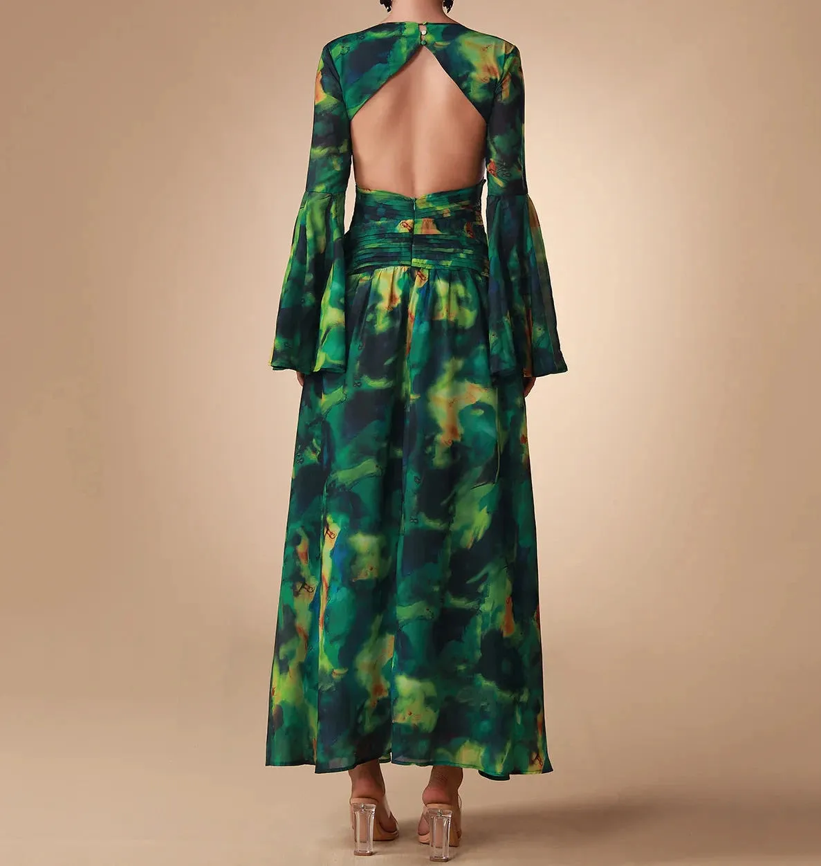 NANCY Bell Sleeve Printed Chiffon Maxi Dress