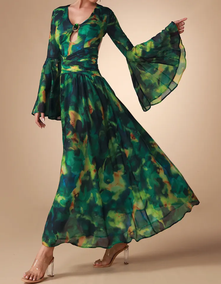 NANCY Bell Sleeve Printed Chiffon Maxi Dress