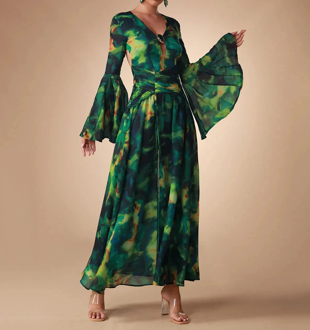 NANCY Bell Sleeve Printed Chiffon Maxi Dress