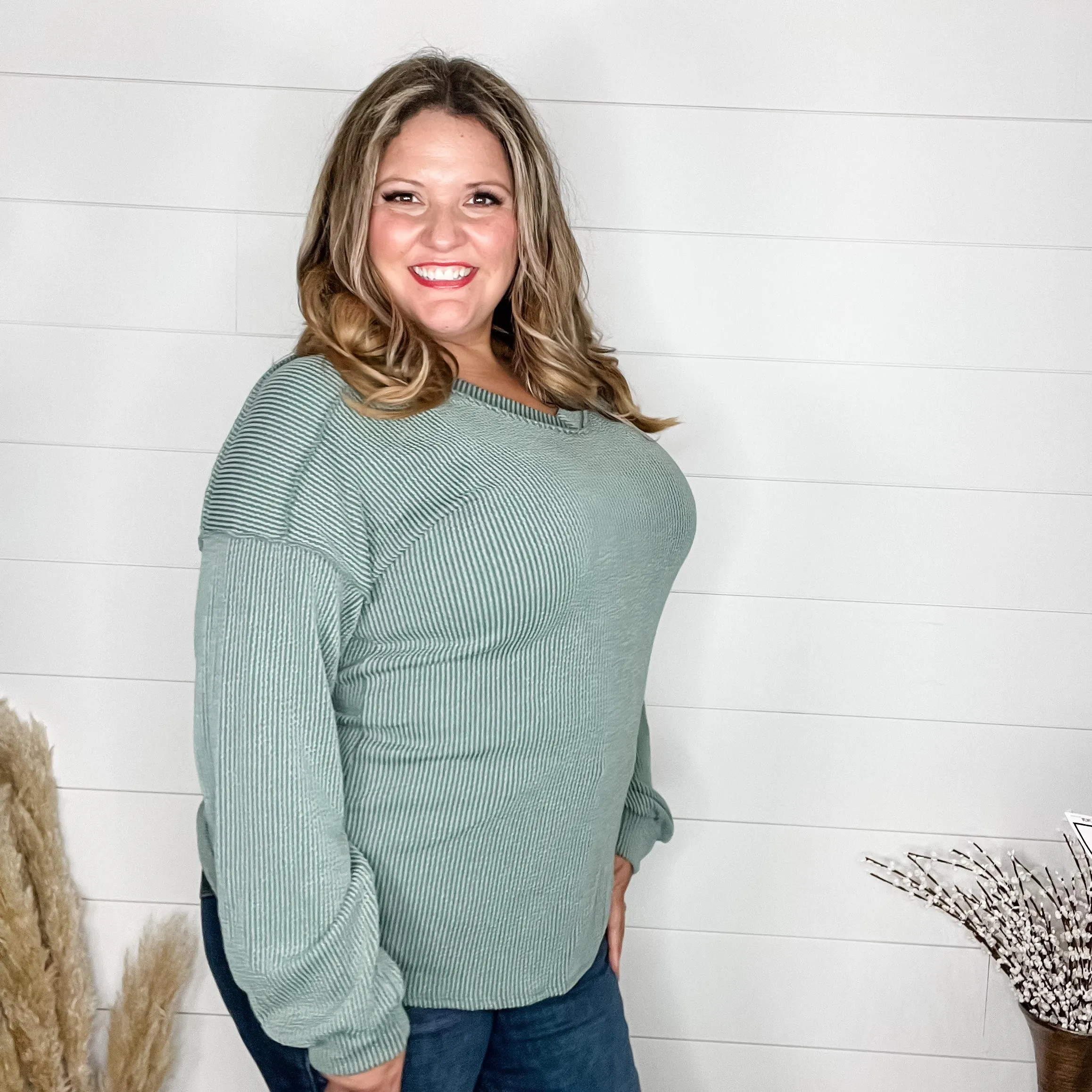 "Inside Out" Long Sleeve Ribbed V Neck with Outside Stitch Detail (Vintage Olive)