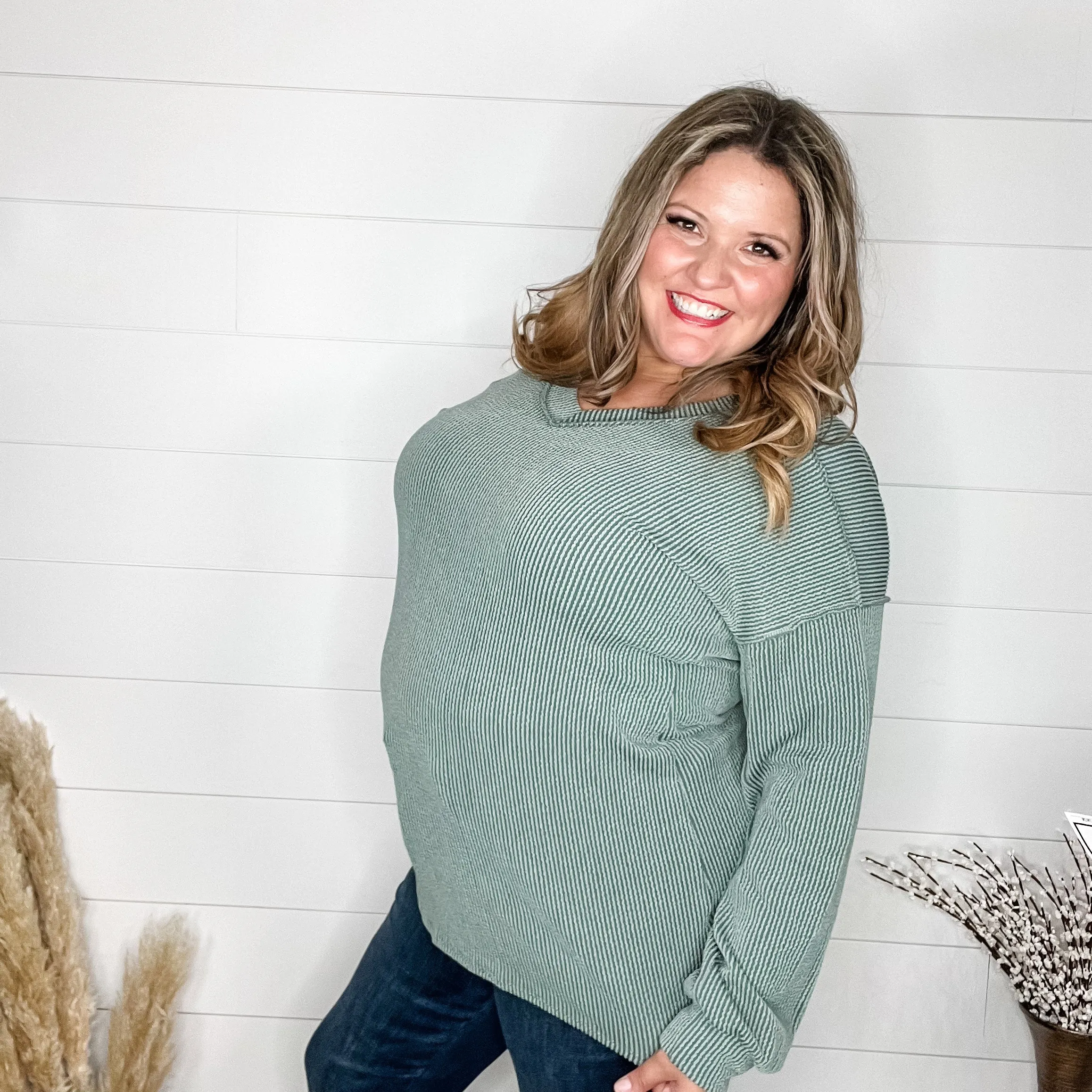 "Inside Out" Long Sleeve Ribbed V Neck with Outside Stitch Detail (Vintage Olive)