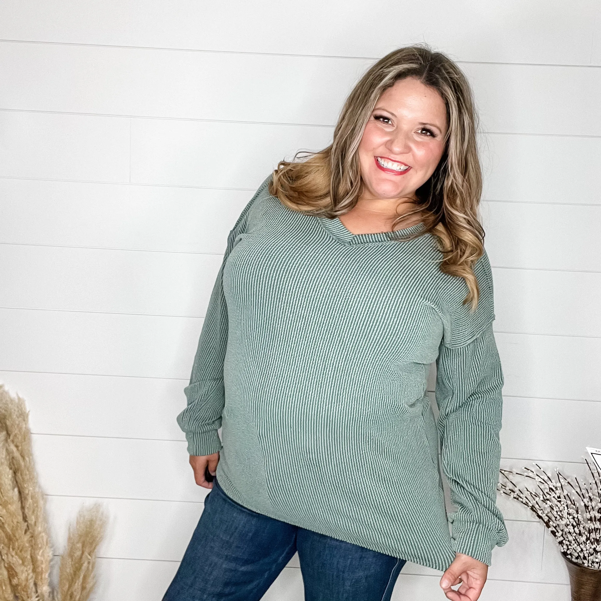 "Inside Out" Long Sleeve Ribbed V Neck with Outside Stitch Detail (Vintage Olive)