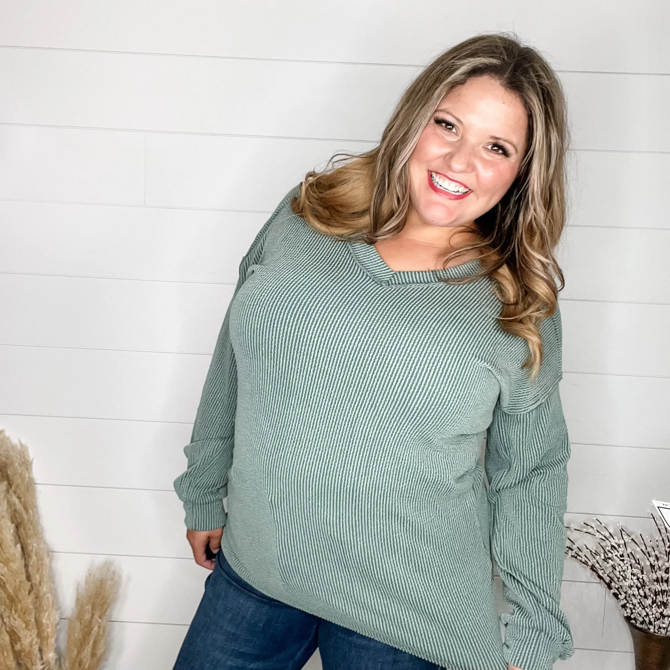 "Inside Out" Long Sleeve Ribbed V Neck with Outside Stitch Detail (Vintage Olive)