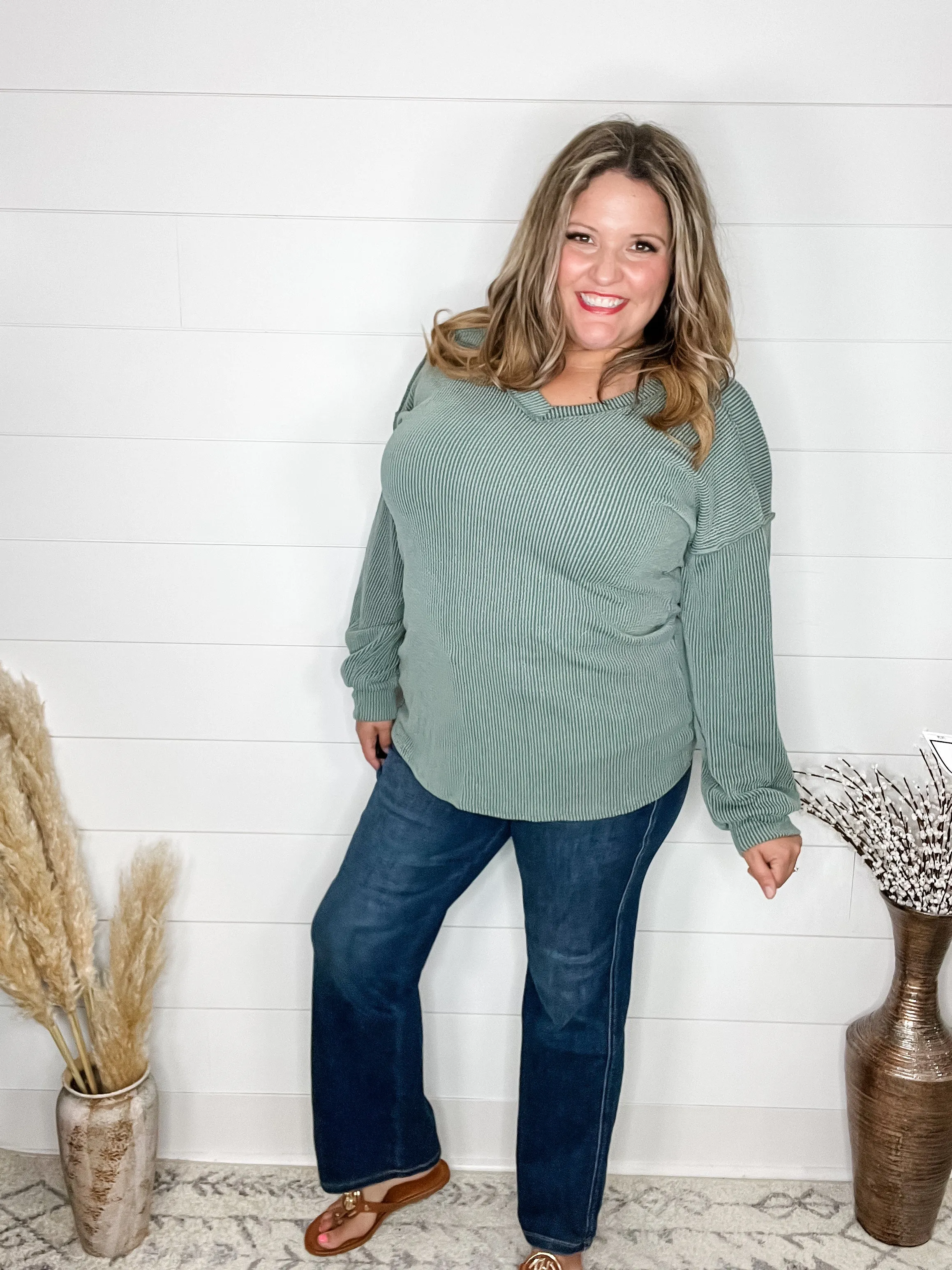 "Inside Out" Long Sleeve Ribbed V Neck with Outside Stitch Detail (Vintage Olive)