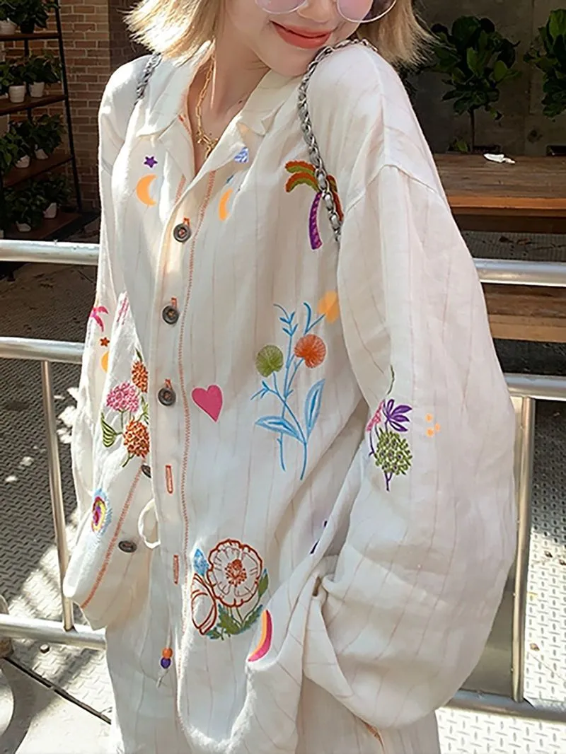 Roomie Electric Embroidered Rainbows Collared Button Down Shirt