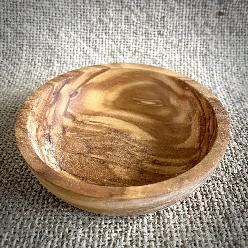 Shungite Sphere on Bed of Microtumbled Crystal in Olive Wood Bowl