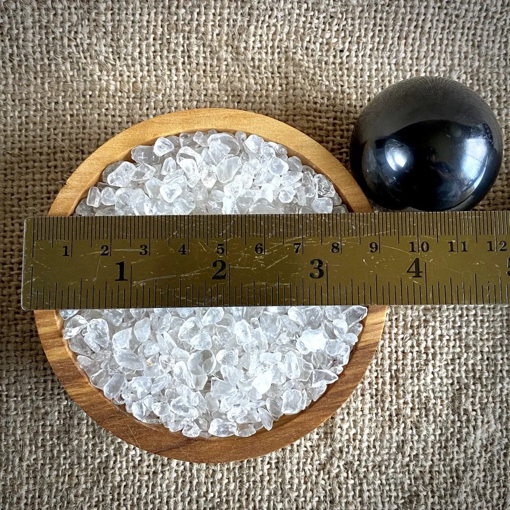 Shungite Sphere on Bed of Microtumbled Crystal in Olive Wood Bowl