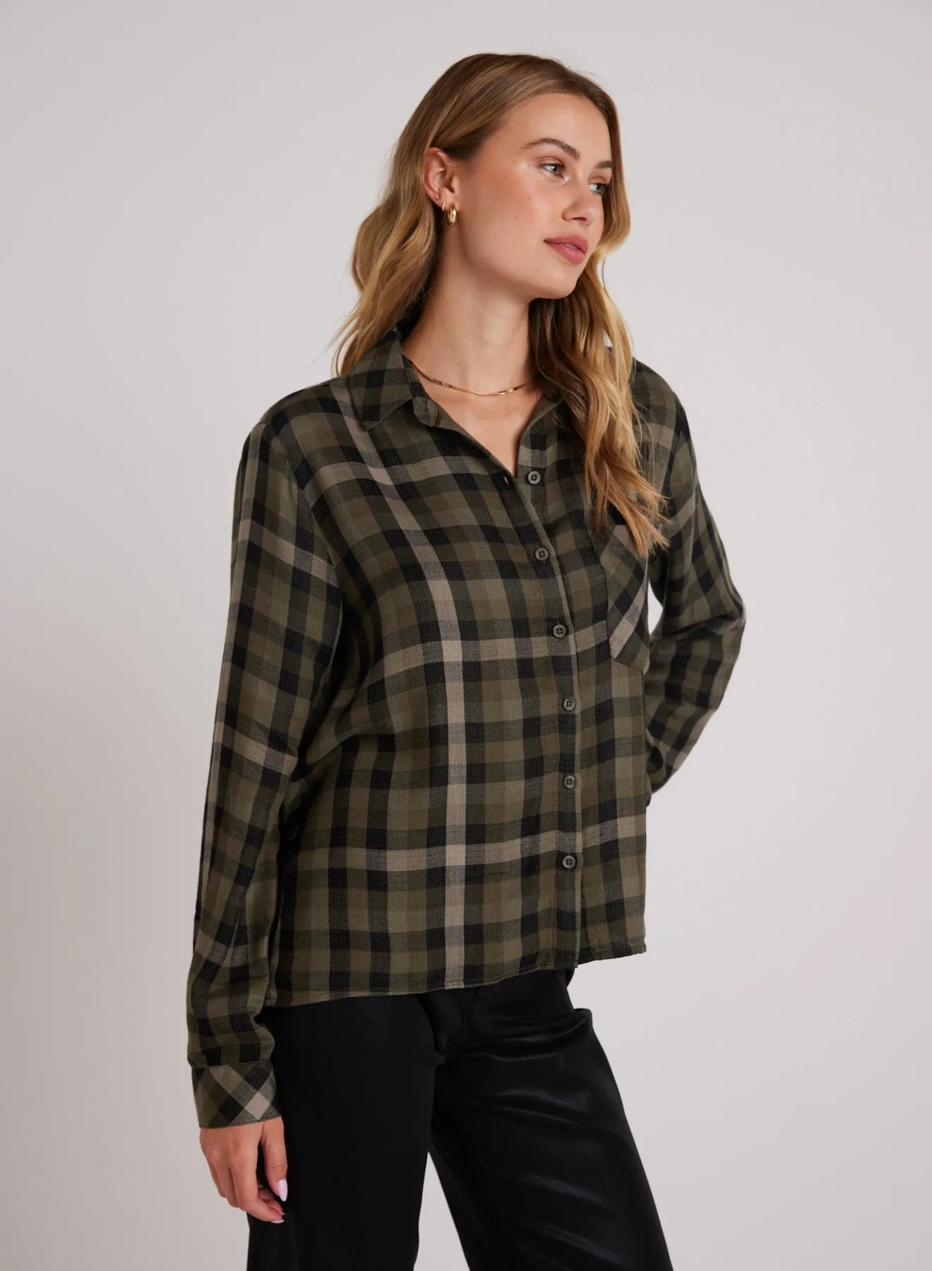 Slouchy Pocket Button Down - Olive Plaid