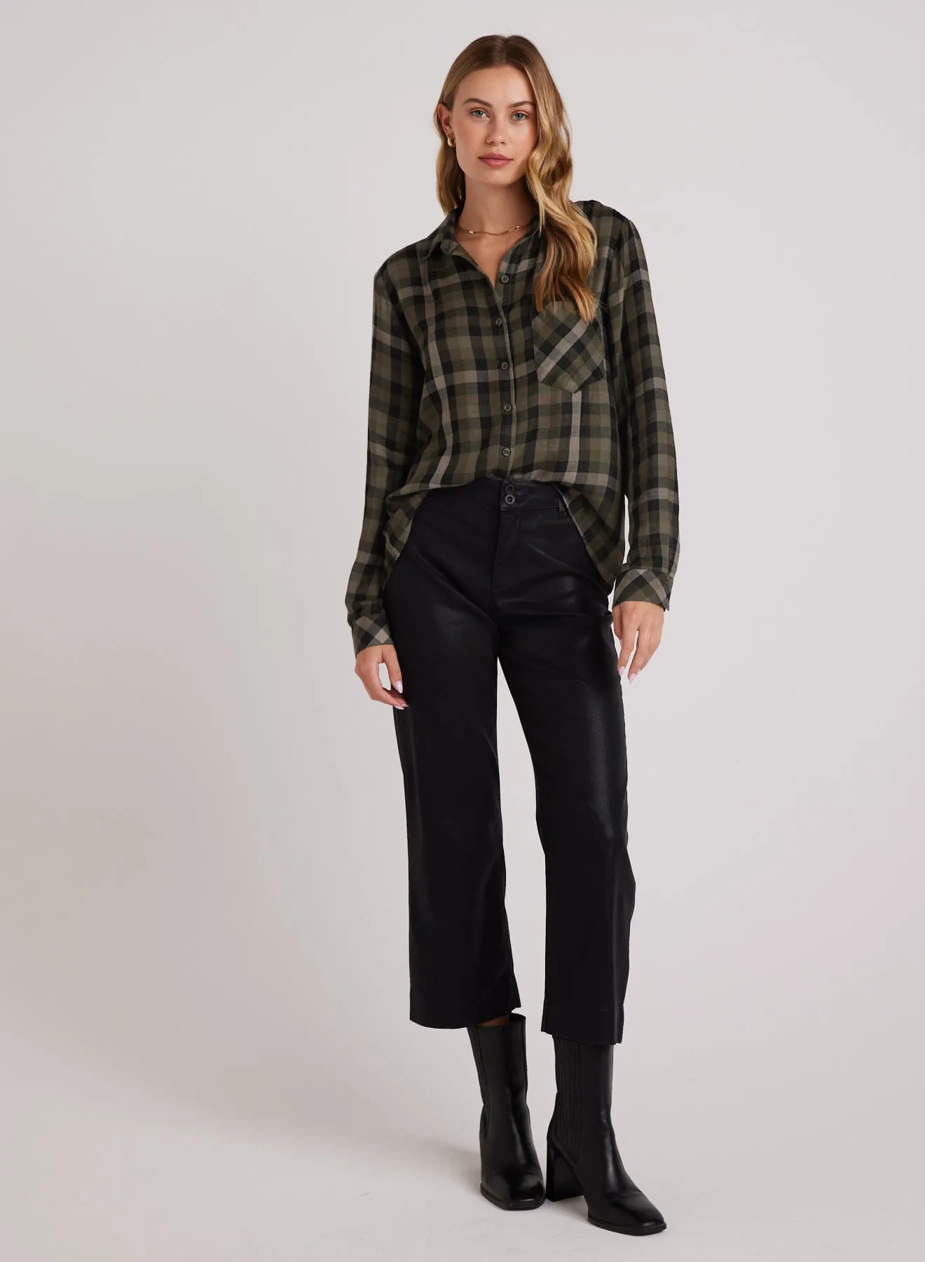 Slouchy Pocket Button Down - Olive Plaid