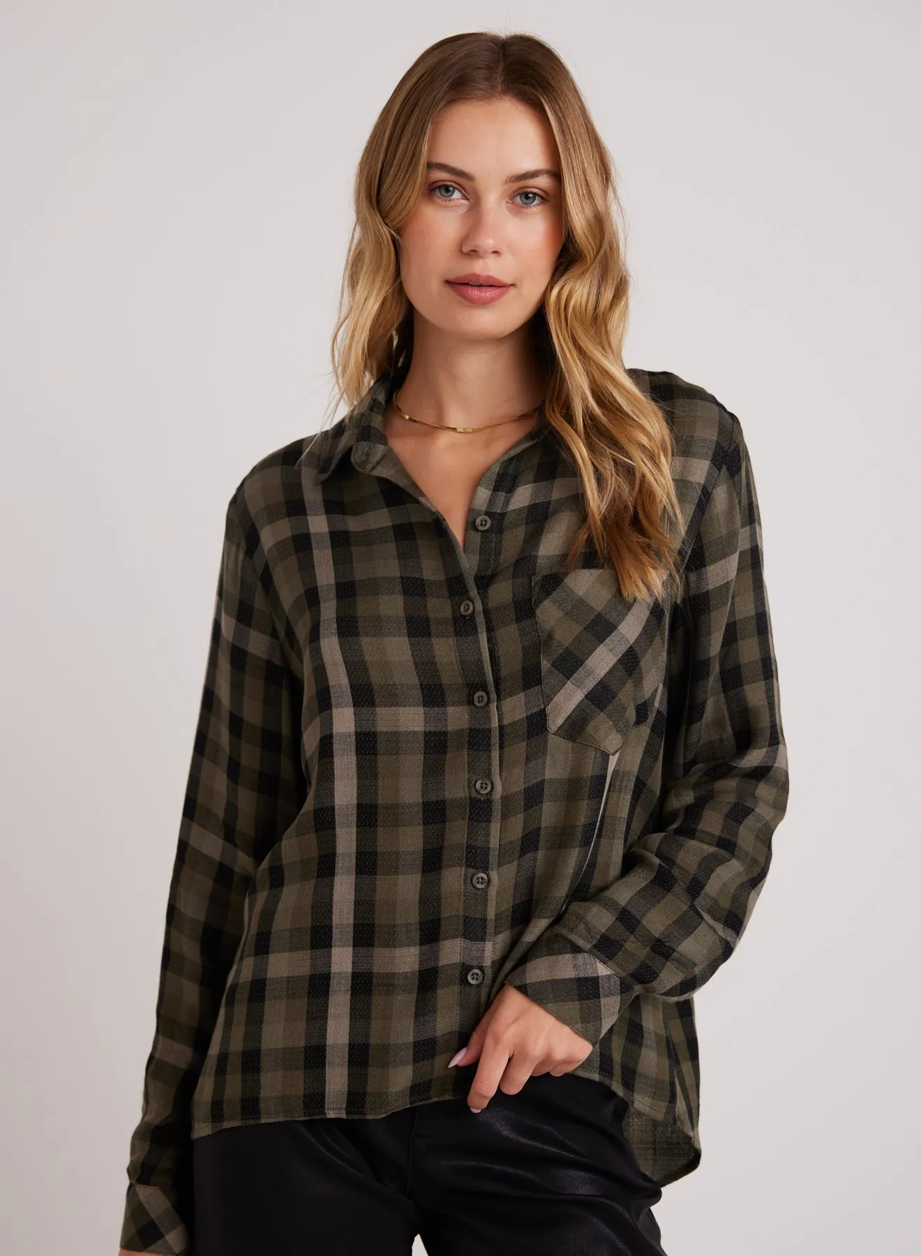 Slouchy Pocket Button Down - Olive Plaid