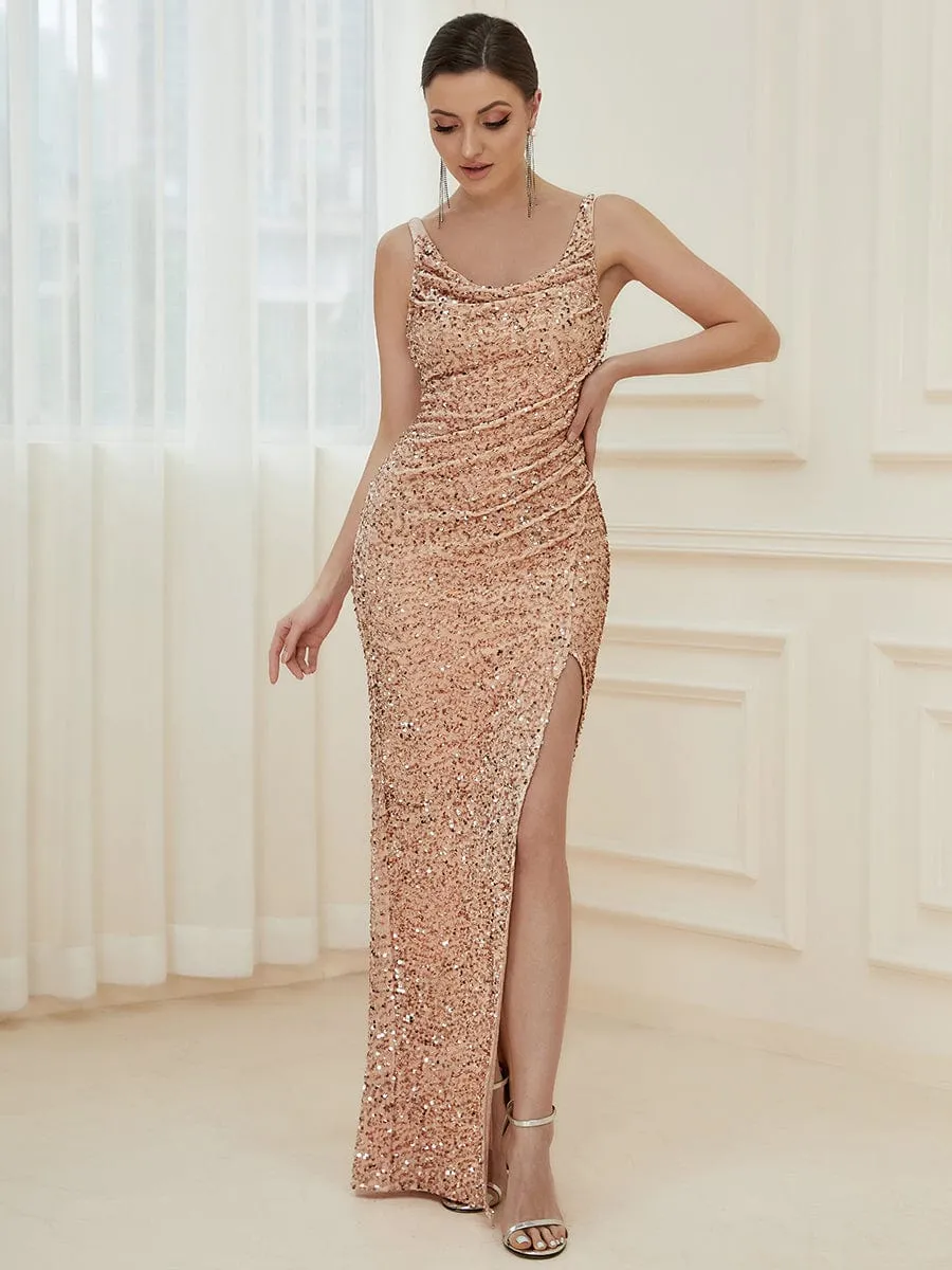 Spaghetti Strap Ruched Sequin High Slit Evening Dress