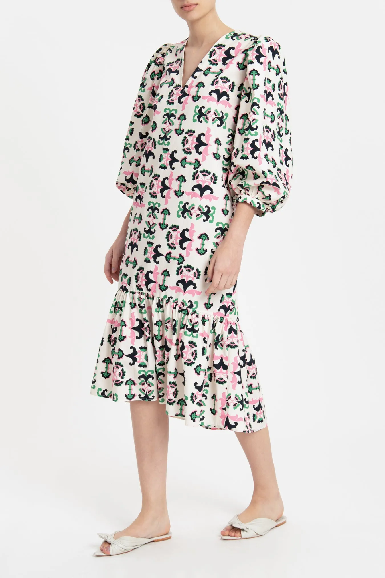 Twisted Flower Ruffled Midi Dress